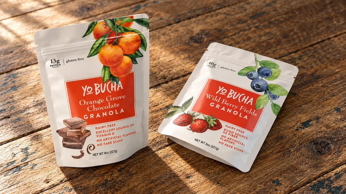 Yo Bucha Orange Grove Chocolate and Wild Berry Fields Granola in custom printed stand-up pouches