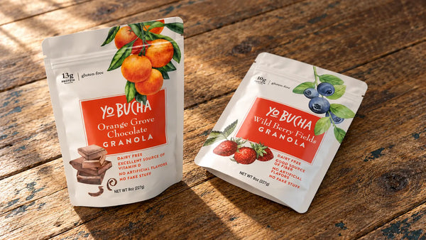 Yo Bucha Orange Grove Chocolate and Wild Berry Fields Granola in custom printed stand-up pouches