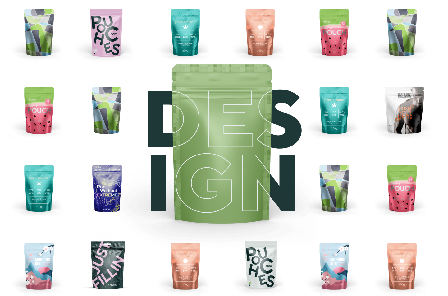 Several pouches Design Text
