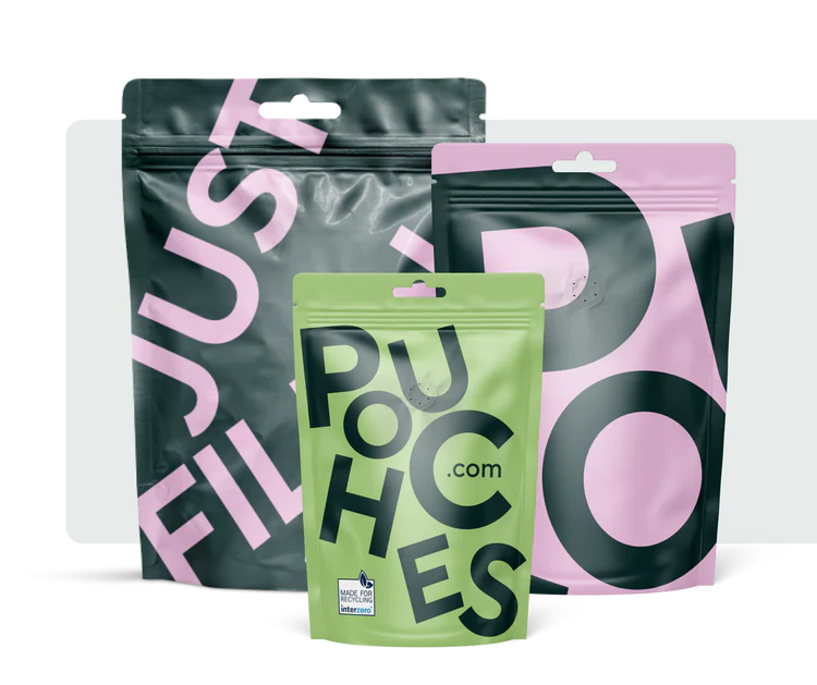 Sample pack with three Stand-up pouches in different sizes and colours